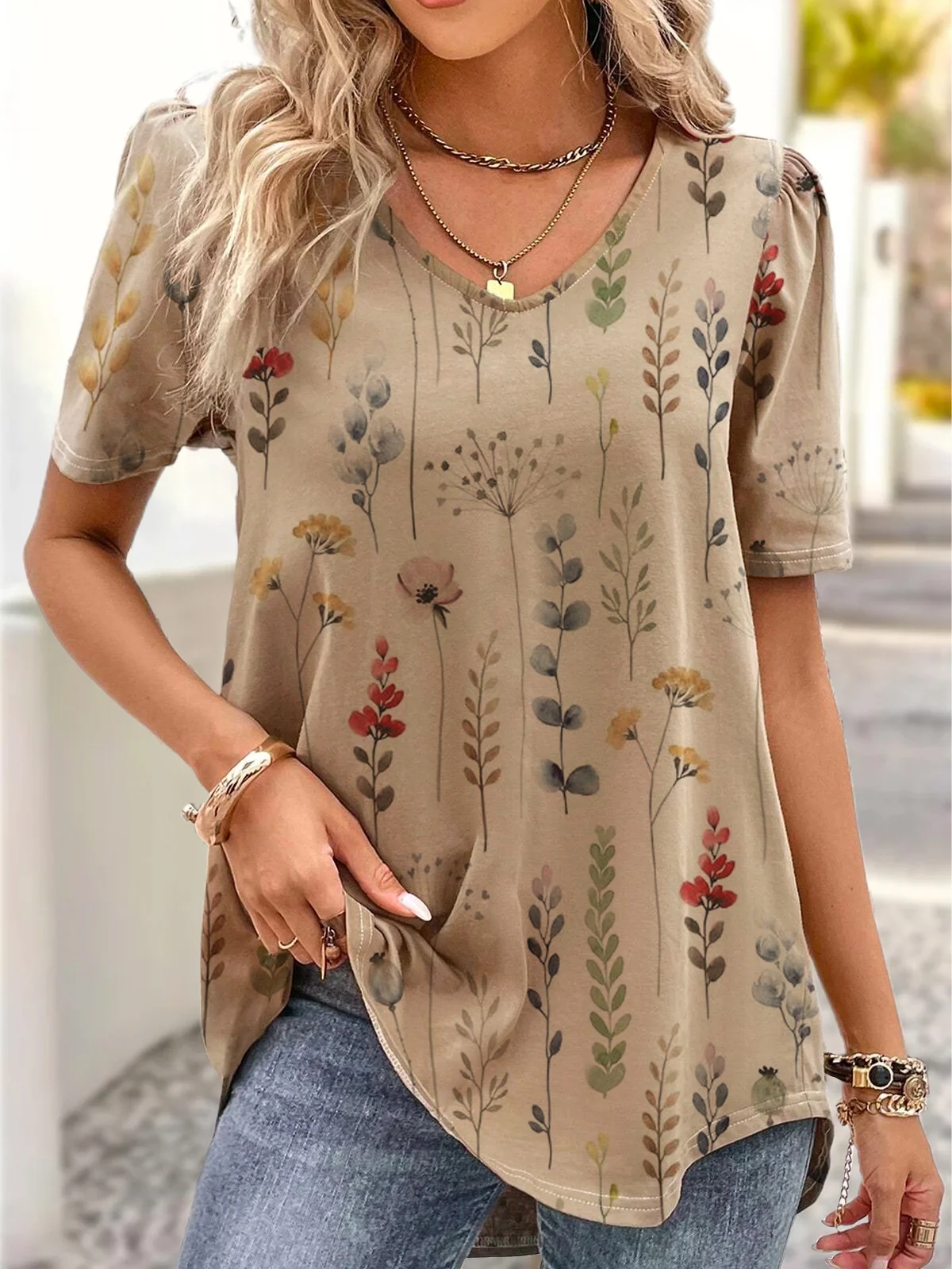 V Neck Casual Loose Floral Printed Short Sleeve H-Line Shirt