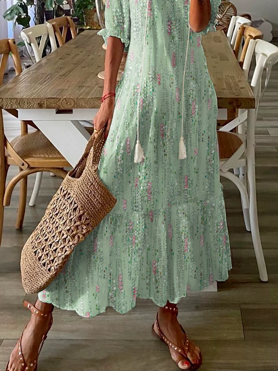 V Neck Casual Abstract Printed Maxi Dress