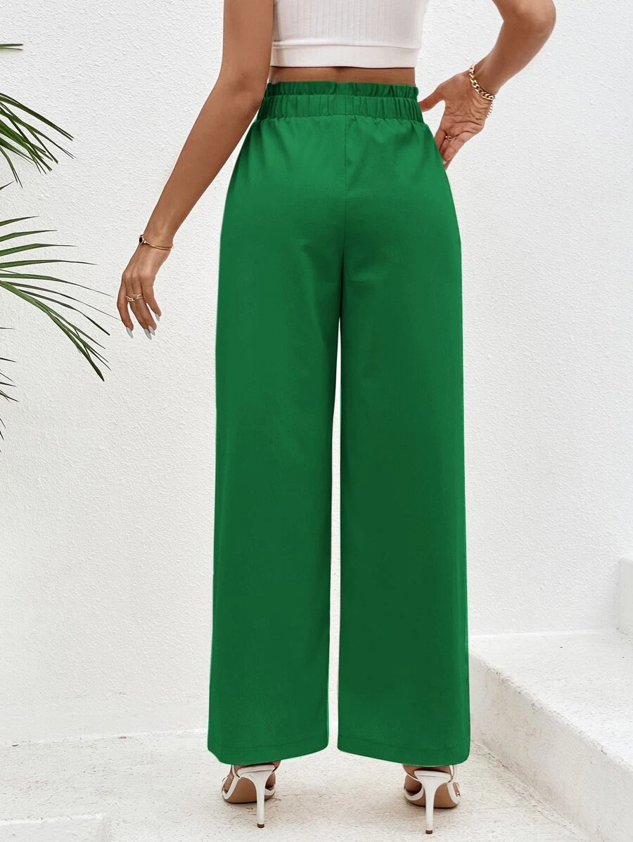 Cotton Casual Plain Paperbag Waist Wide Leg Pants