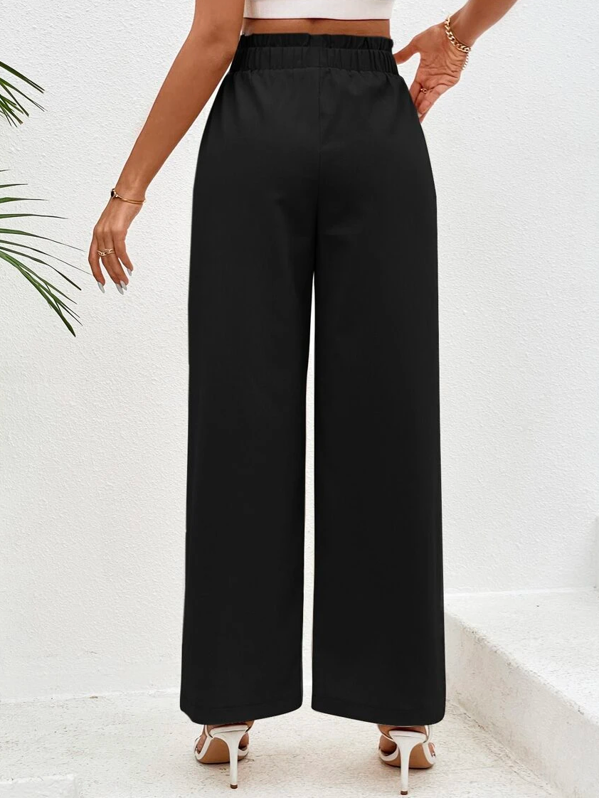 Cotton Casual Plain Paperbag Waist Wide Leg Pants