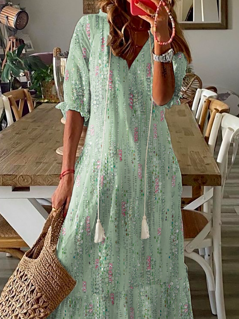 V Neck Casual Abstract Printed Maxi Dress