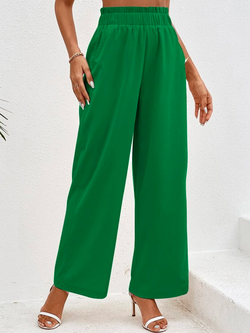 Cotton Casual Plain Paperbag Waist Wide Leg Pants