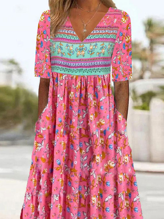 Floral Printed Vacation Crew Neck Loose Dress