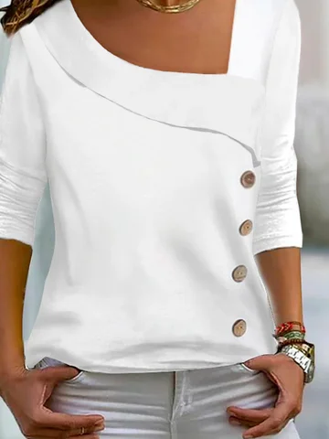 Asymmetrical Neck Buttoned Daily Plain Casual Loose H-Line Long Sleeve Shirt