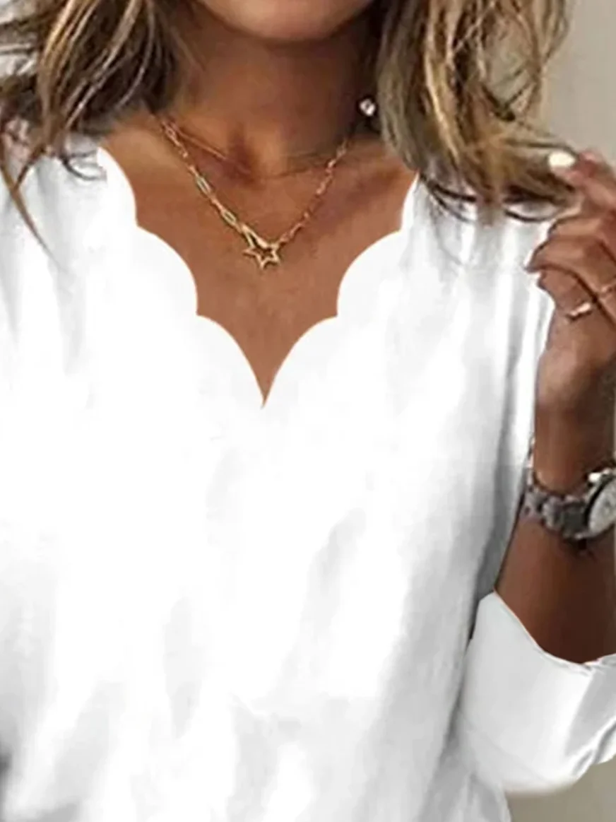 V Neck Plain Loose Ruffled Sleeves Casual T-Shirt