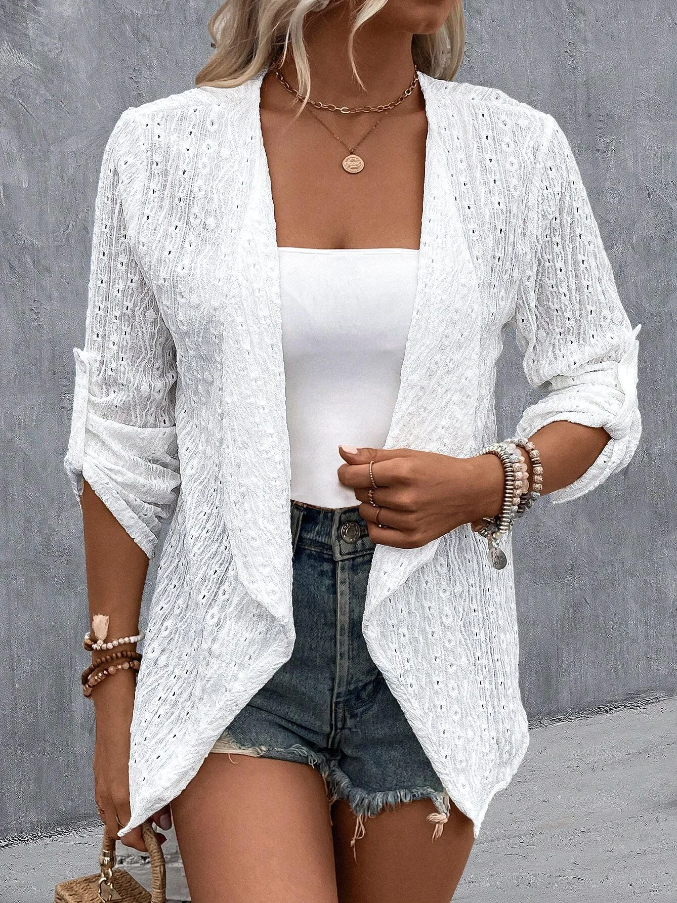 Plain Embroidery Hollow Out Casual Loose 3/4 Sleeve Jacket