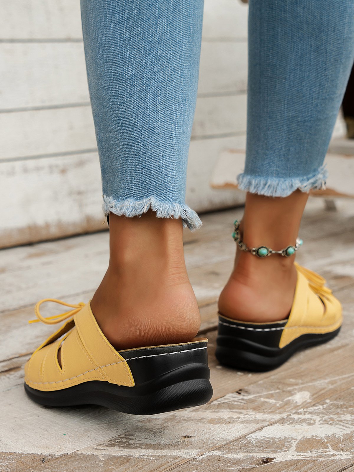 Casual Bowknot Hollow Out PU Comfy Wedge Heel Slide Sandals