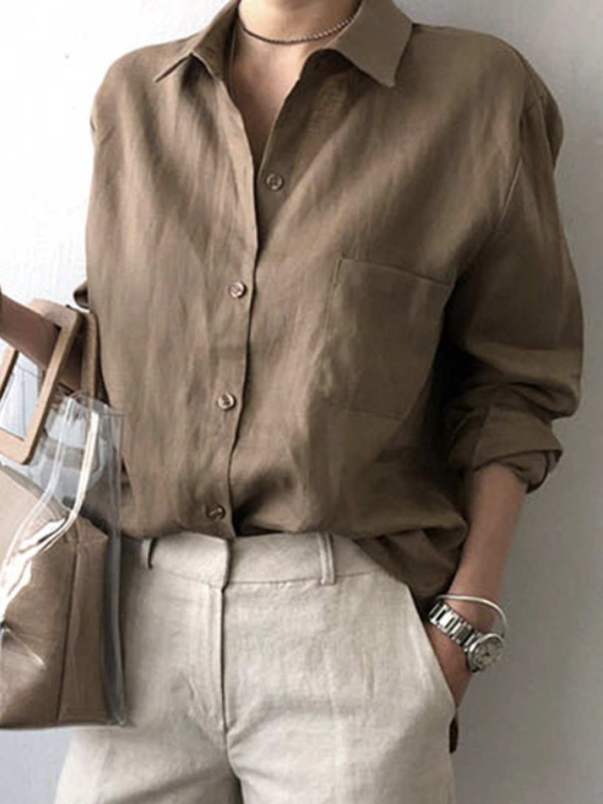 Loose Plain Shirt Collar Casual Blouse