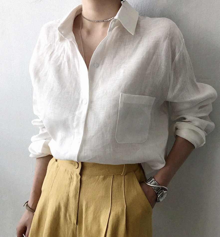 Loose Plain Shirt Collar Casual Blouse