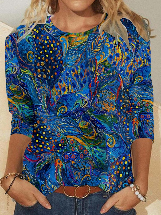 Women's Peacock Imitation Oil Painting Effect Daily Casual Crew Neck H-Line Long Sleeve Shirt