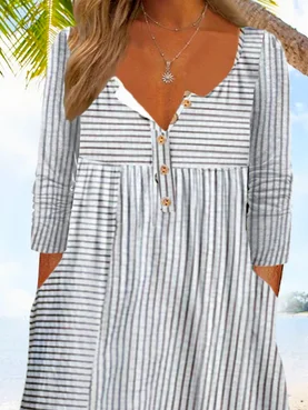 Plus Size Casual Loose Half Open Buttoned Collar Striped Long Sleeve Midi Dress