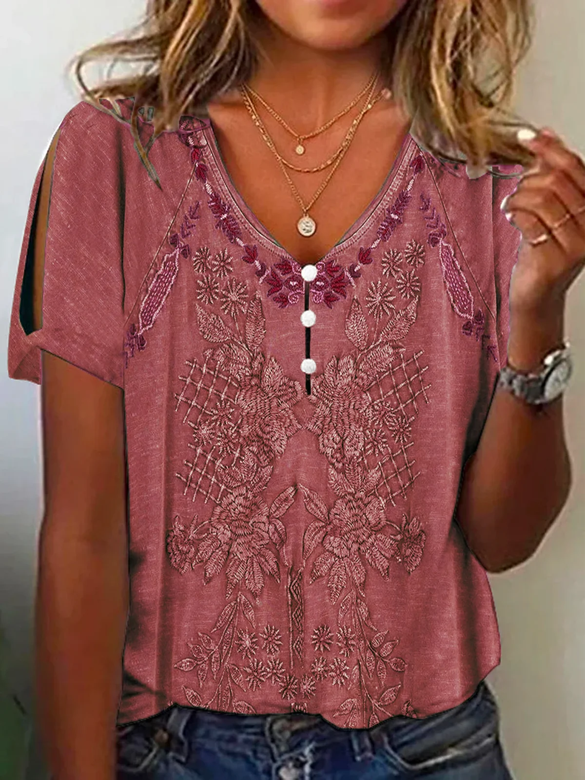 Casual V Neck Ethnic Buttoned Shirt