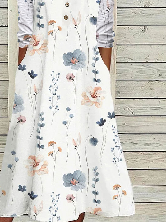Floral Notched Neck Casual Loose Jersey Buckle Long Sleeve Midi Dress