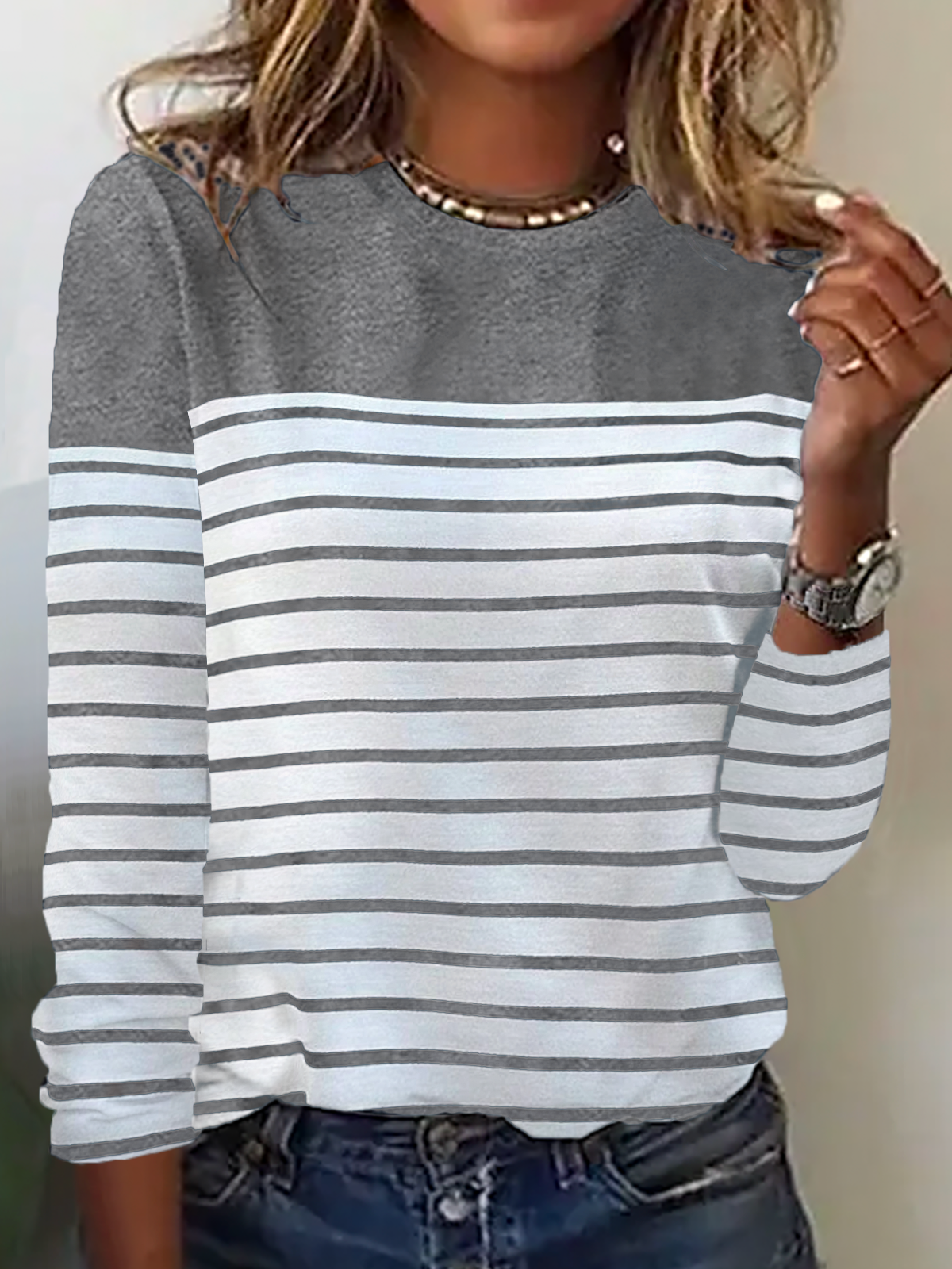 Casual Loose Crew Neck Striped H-Line Long Sleeve T-Shirt