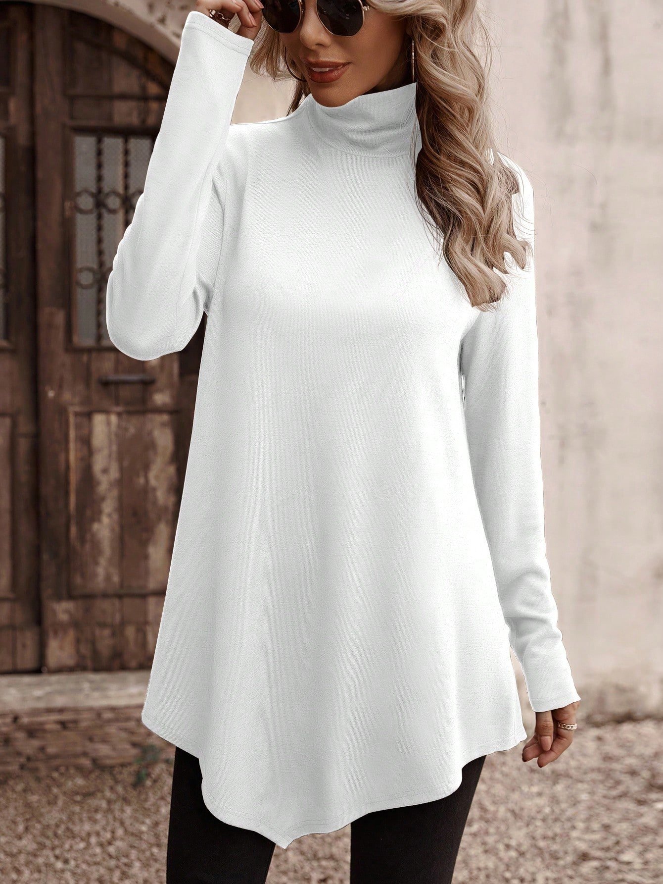 Asymmetric Casual Plain Turtleneck A-Line Jersey Long Sleeve T-Shirt