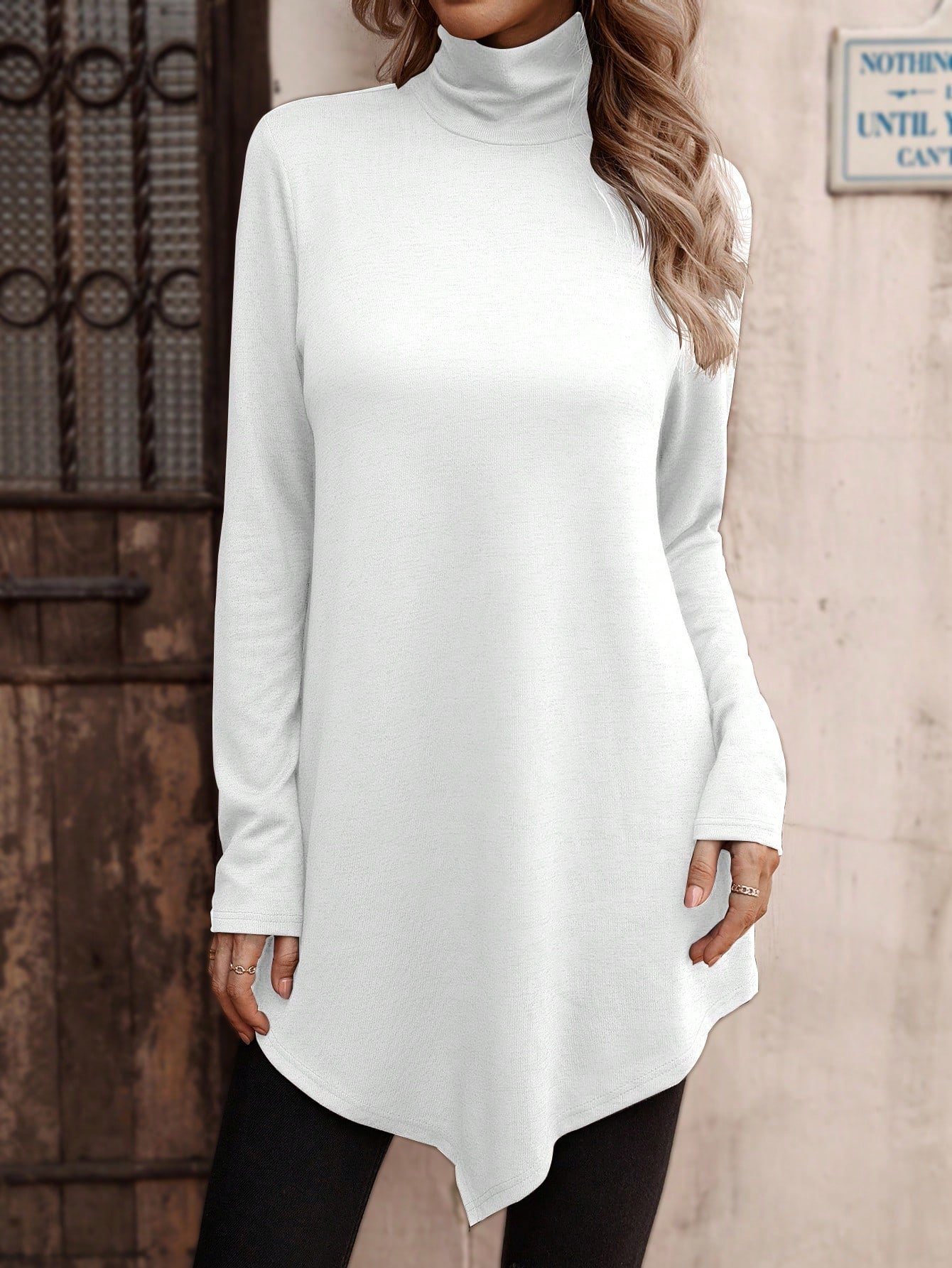 Asymmetric Casual Plain Turtleneck A-Line Jersey Long Sleeve T-Shirt