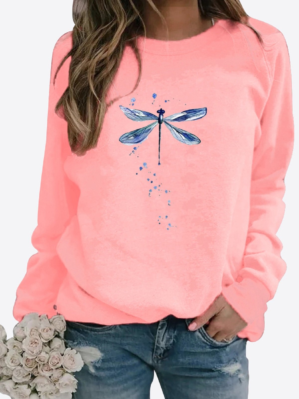 Breathable Cotton Dragonfly Logo Casual Crew Neck H-Line Long Sleeve Sweatshirt