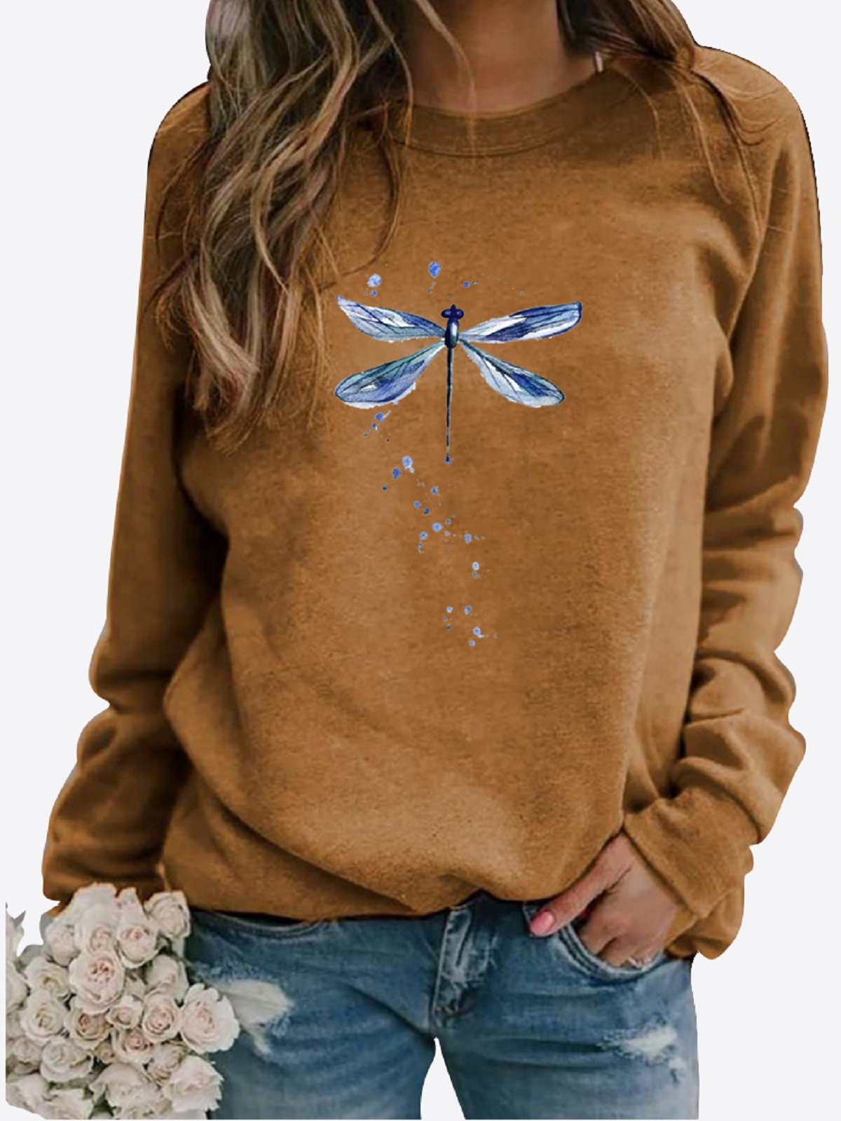 Breathable Cotton Dragonfly Logo Casual Crew Neck H-Line Long Sleeve Sweatshirt