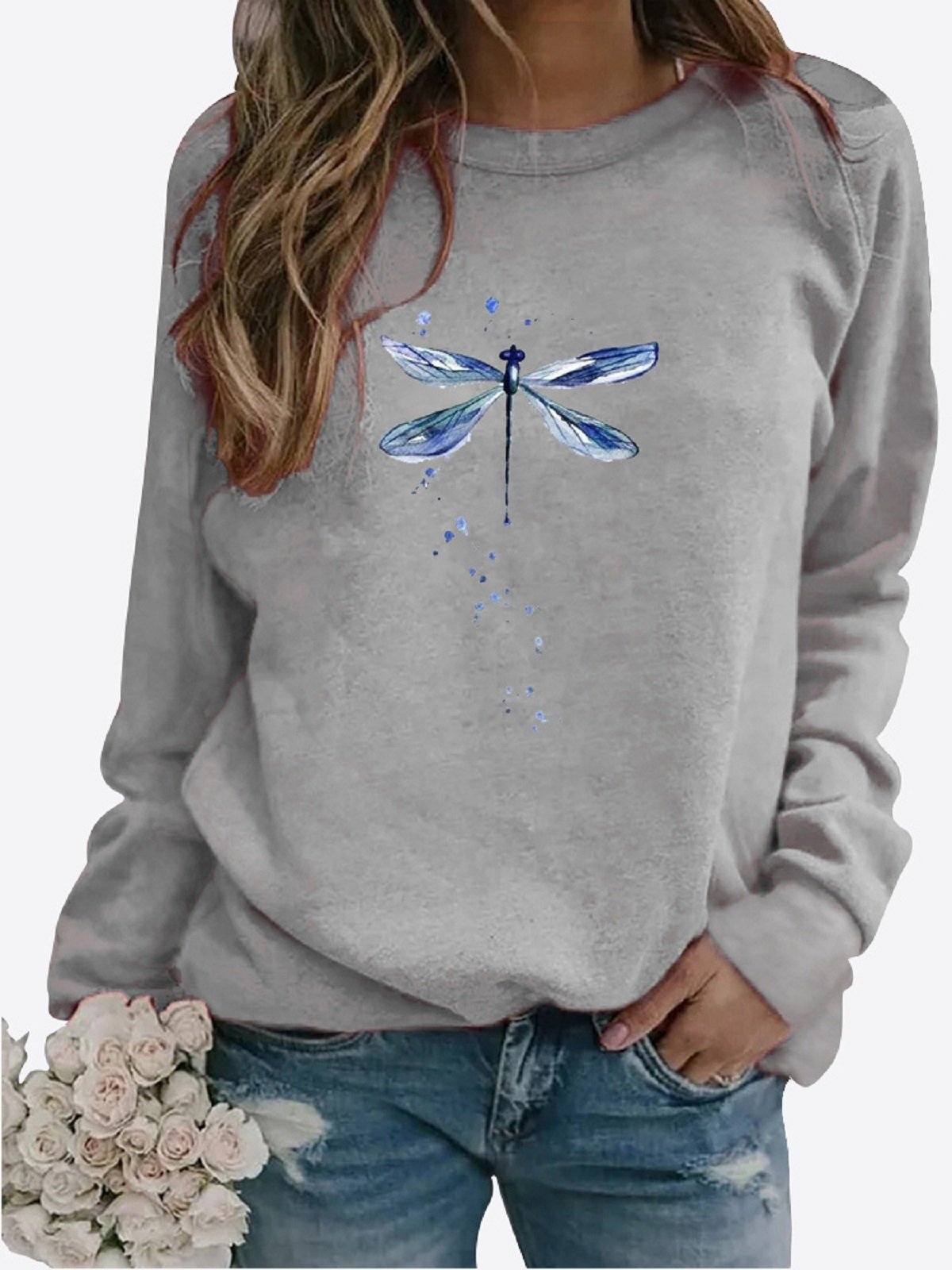 Breathable Cotton Dragonfly Logo Casual Crew Neck H-Line Long Sleeve Sweatshirt