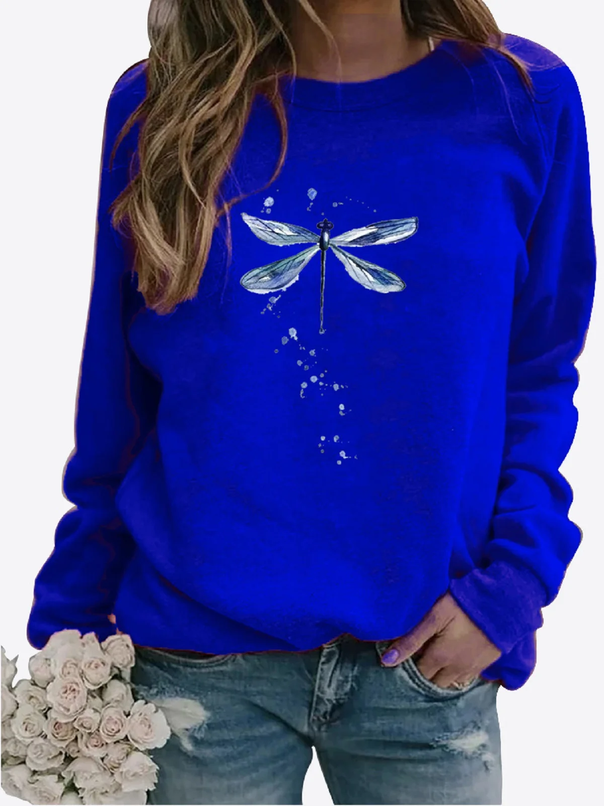 Breathable Cotton Dragonfly Logo Casual Crew Neck H-Line Long Sleeve Sweatshirt