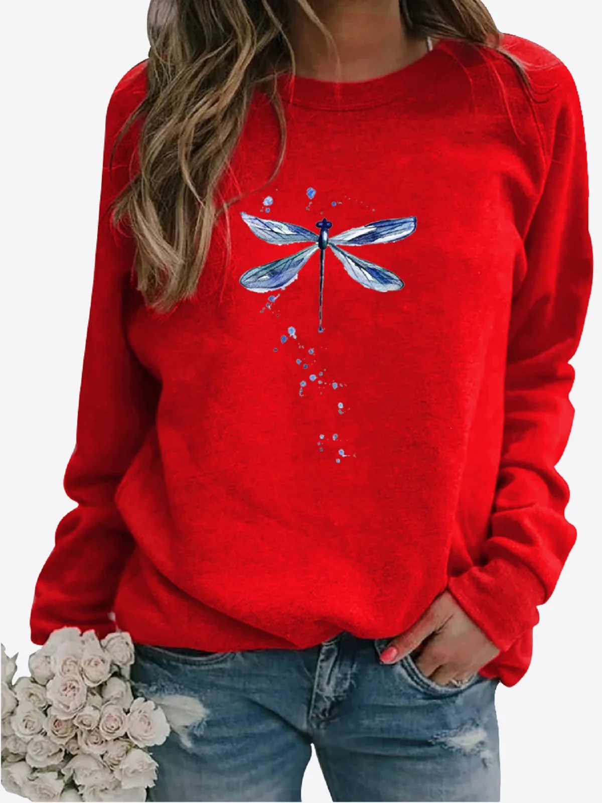 Breathable Cotton Dragonfly Logo Casual Crew Neck H-Line Long Sleeve Sweatshirt