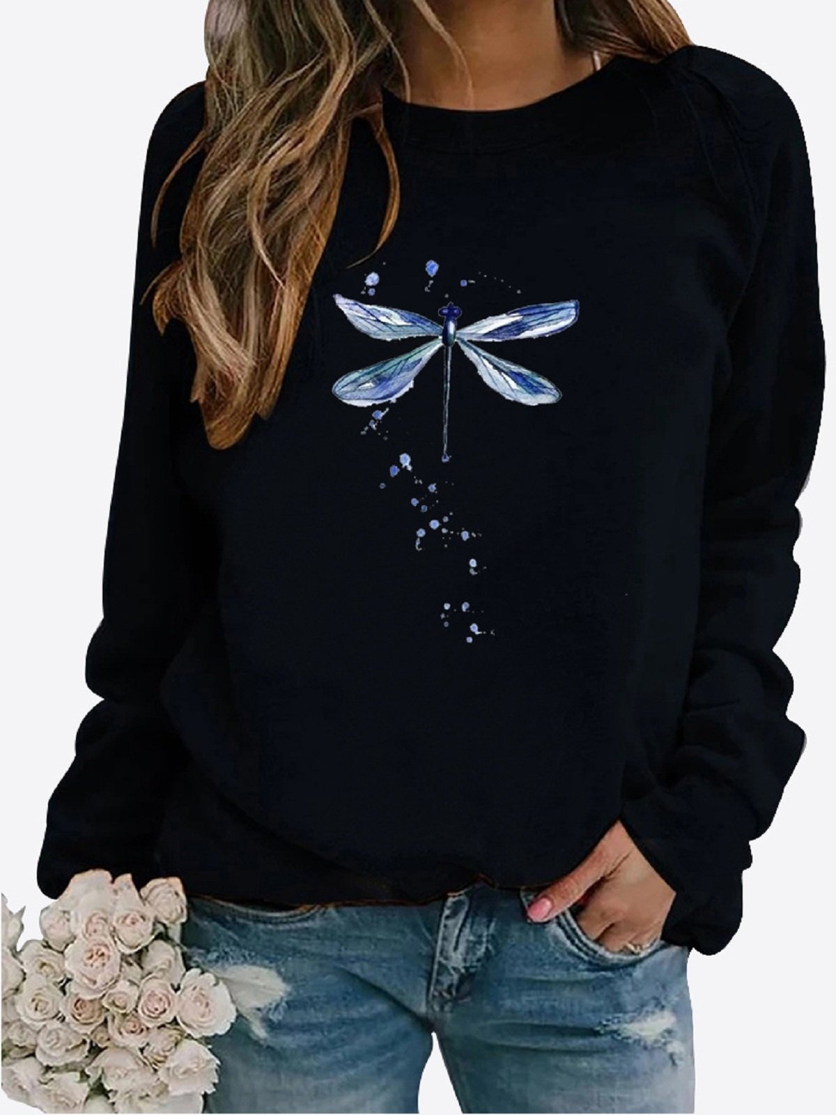 Breathable Cotton Dragonfly Logo Casual Crew Neck H-Line Long Sleeve Sweatshirt