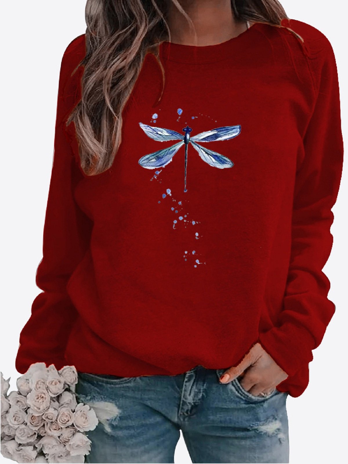 Breathable Cotton Dragonfly Logo Casual Crew Neck H-Line Long Sleeve Sweatshirt