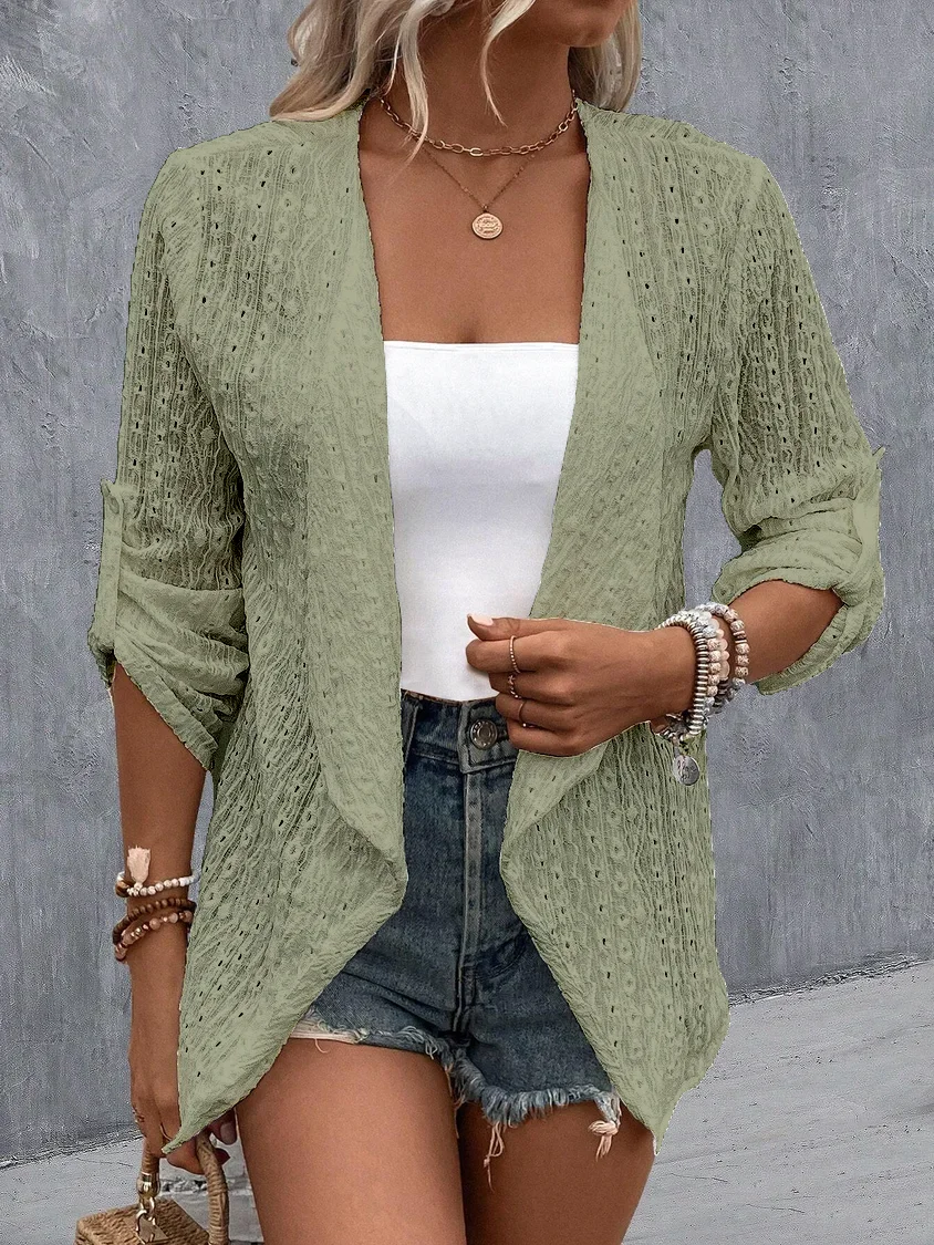 Plain Embroidery Hollow Out Casual Loose 3/4 Sleeve Jacket