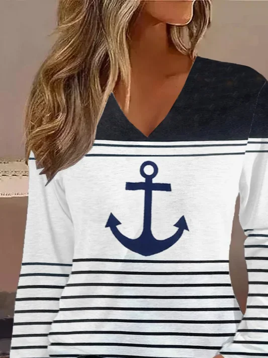 Loose Striped Anchor Casual V Neck Long Sleeve T-Shirt