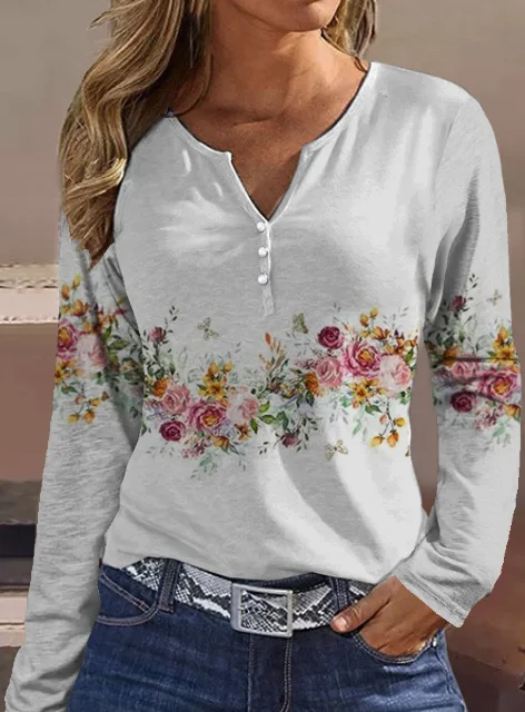 Countryside Field Flower Printed Long-sleeved Casual Shirt
