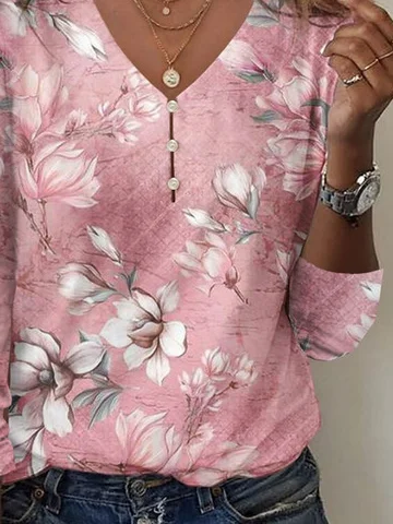 Jersey Floral Casual Buckle T-Shirt