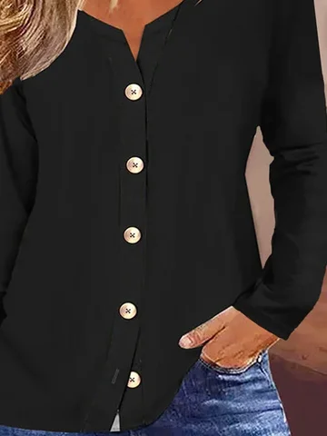 Plus Size V Neck Casual Loose Plain Long Sleeve Jersey Blouse With Buttons
