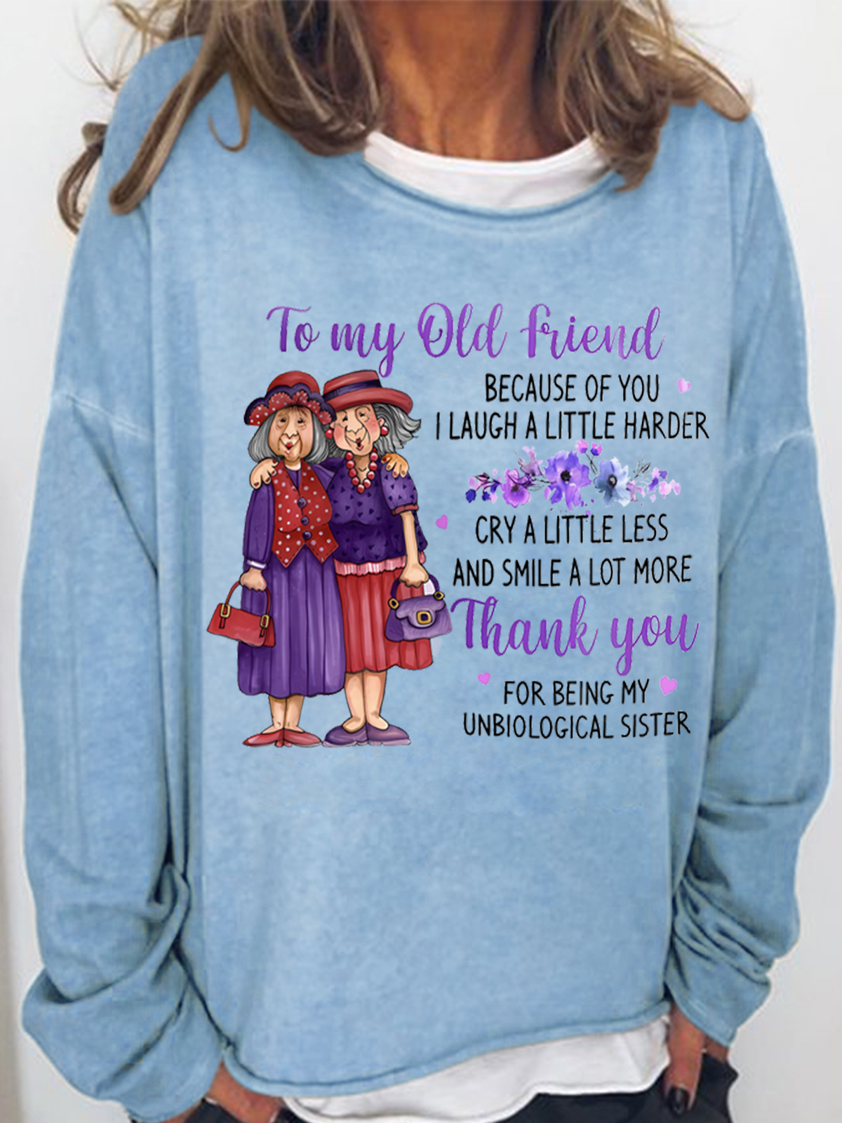 Women's Funny Old Friend Smile A Lot More Graphic Printing Crew Neck Loose Simple Sweatshirt