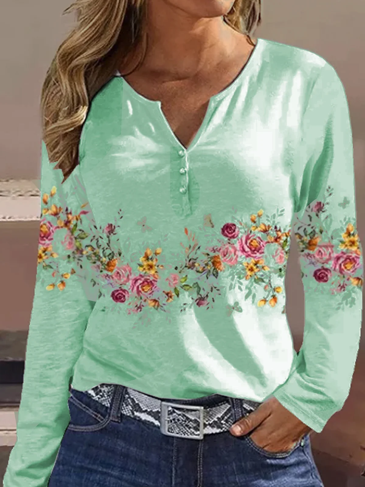 Countryside Field Flower Printed Long-sleeved Casual Shirt