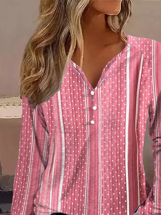 V Neck Striped Geometric Loose Casual Long Sleeve T-Shirt