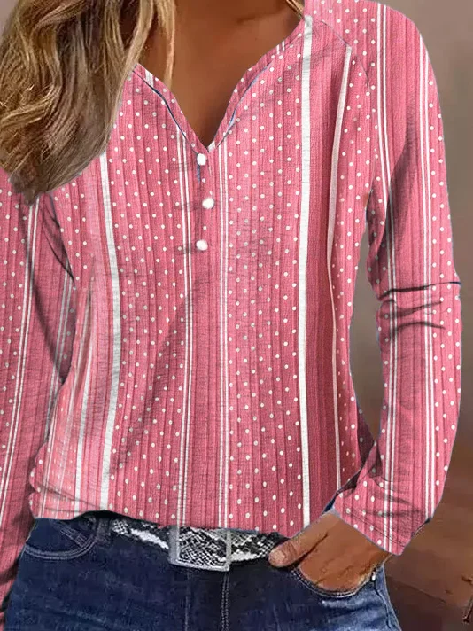 V Neck Striped Geometric Loose Casual Long Sleeve T-Shirt