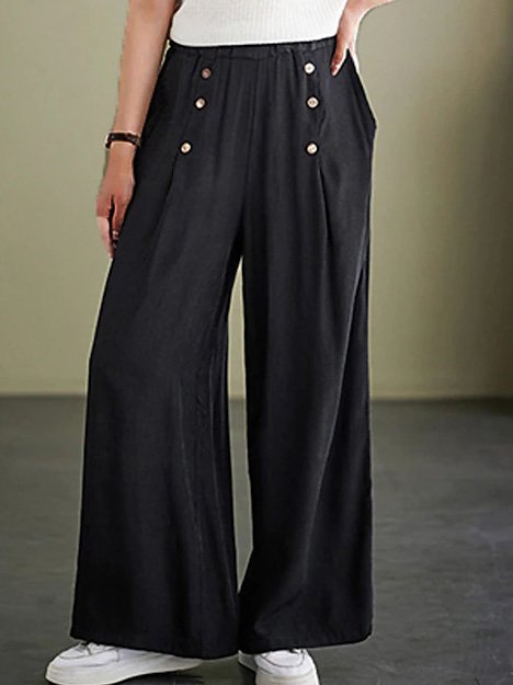 Plain Loose Casual High Waist Wide Leg Long Pants