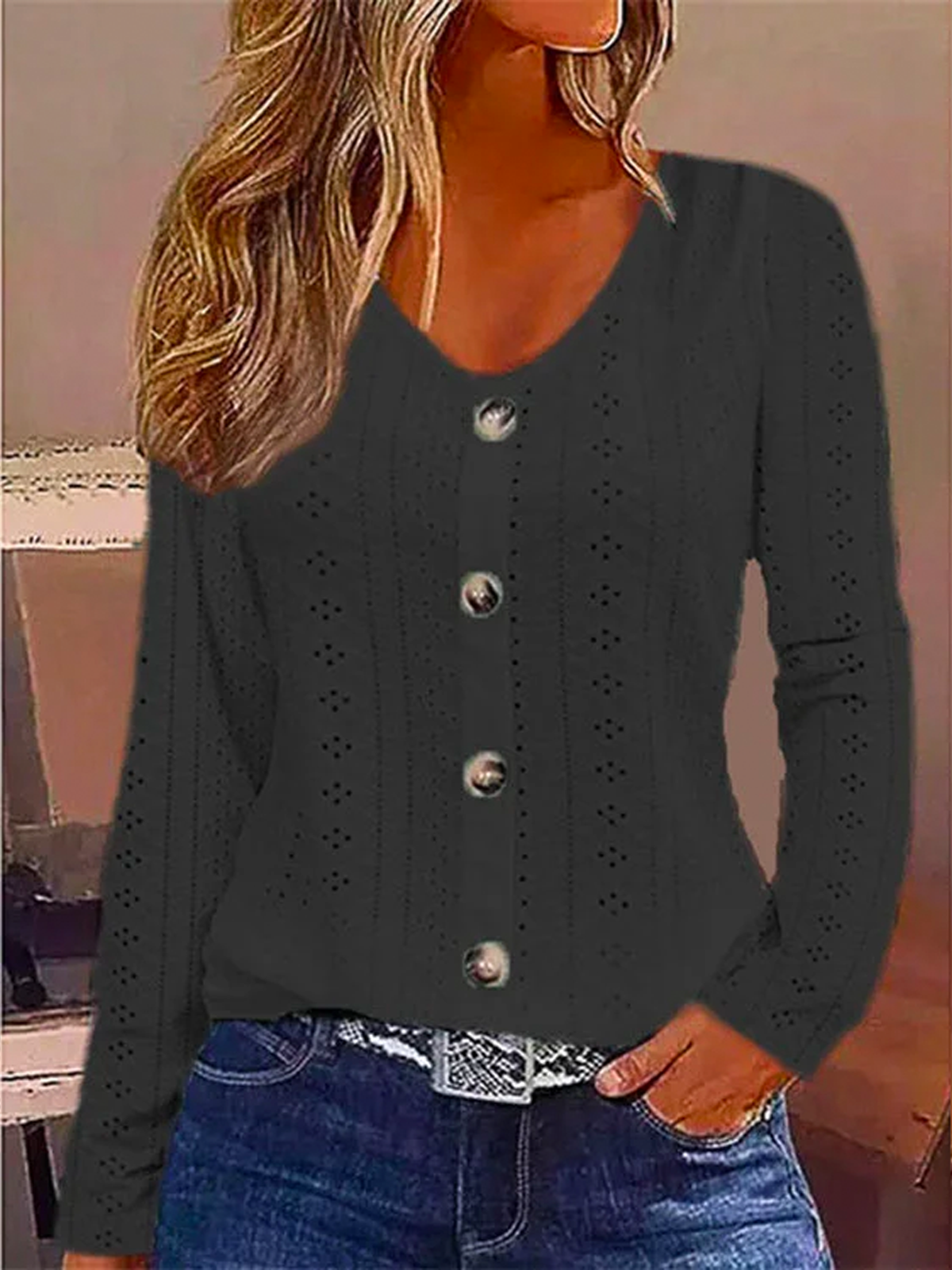 Buttoned Plain Casual Eyelet Embroidery Shirt