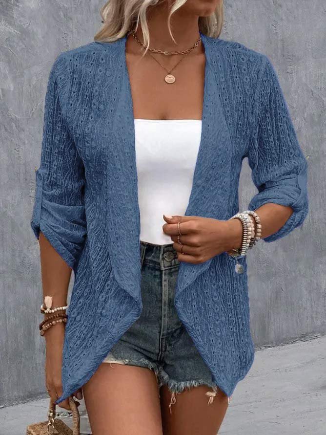 Plain Embroidery Hollow Out Casual Loose 3/4 Sleeve Jacket