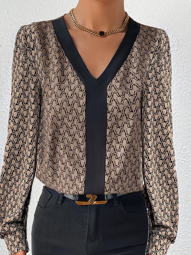 Vintage Geometric Casual Loose Color Block V Neck Long Sleeve Shirt