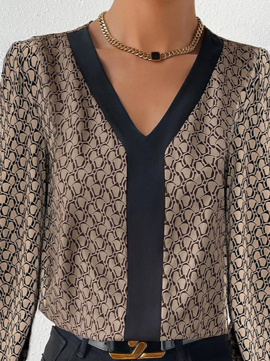 Vintage Geometric Casual Loose Color Block V Neck Long Sleeve Shirt
