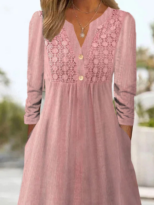 Plain Loose Lace V Neck H-Line Casual Long Sleeve Midi Dress