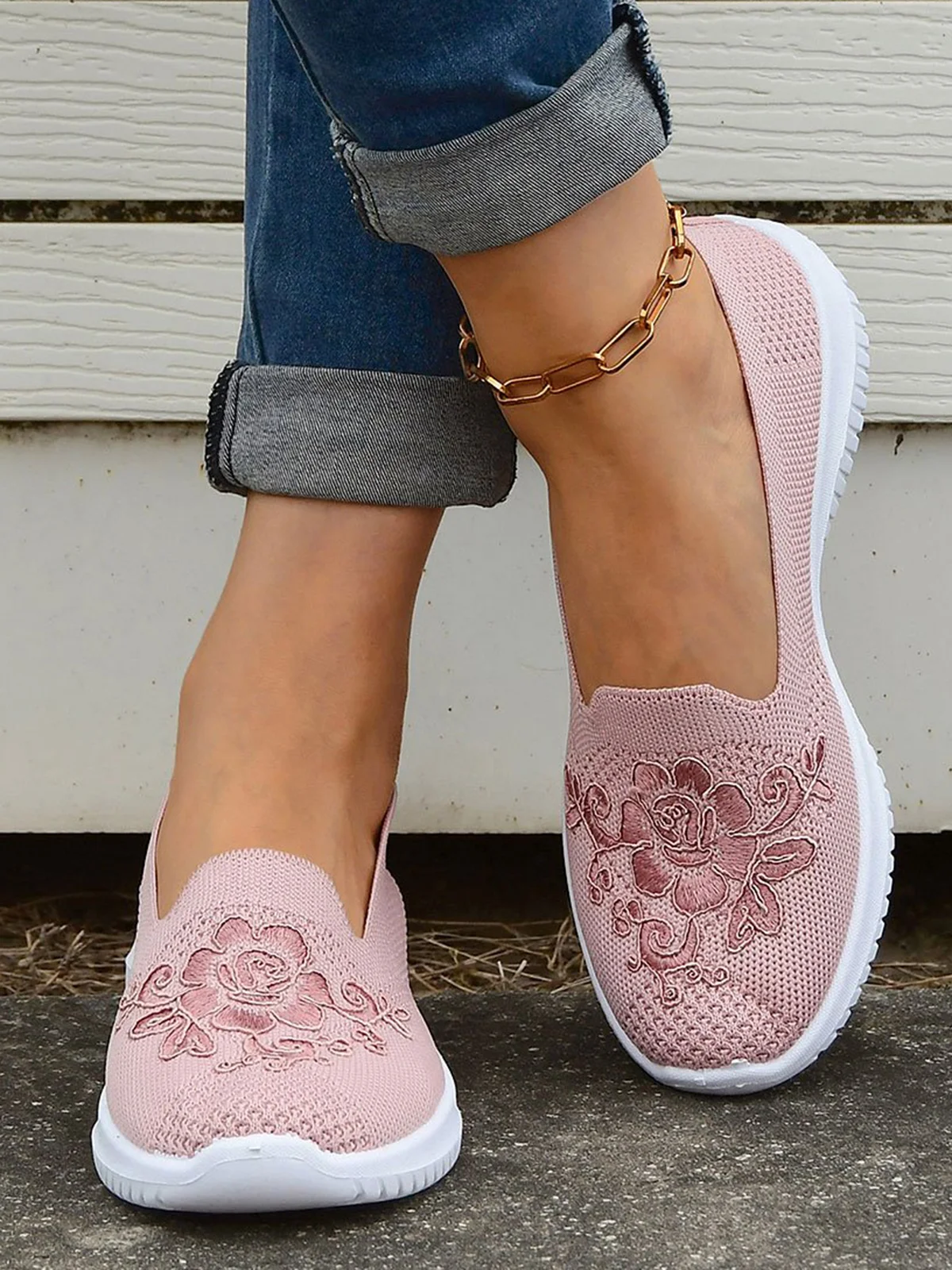 Floral Embroidery Breathable Flyknit Slip On Sneakers