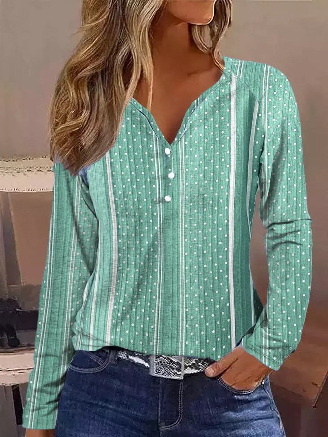 V Neck Striped Geometric Loose Casual Long Sleeve T-Shirt