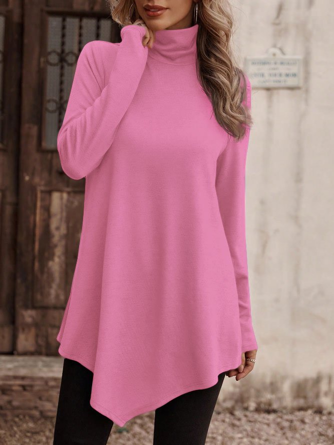 Asymmetric Casual Plain Turtleneck A-Line Jersey Long Sleeve T-Shirt