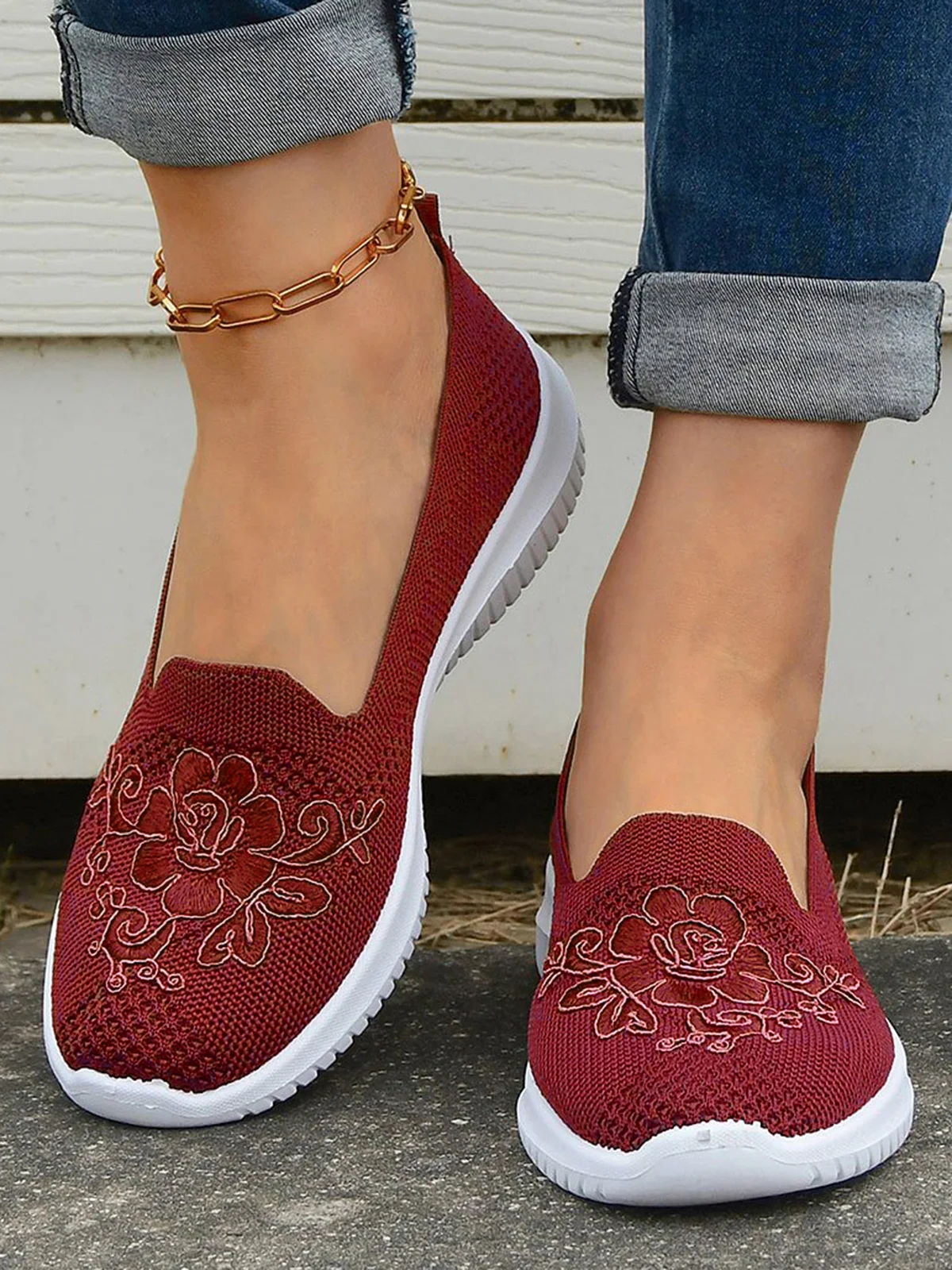 Floral Embroidery Breathable Flyknit Slip On Sneakers