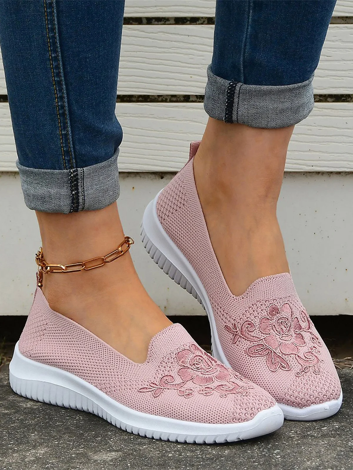 Floral Embroidery Breathable Flyknit Slip On Sneakers