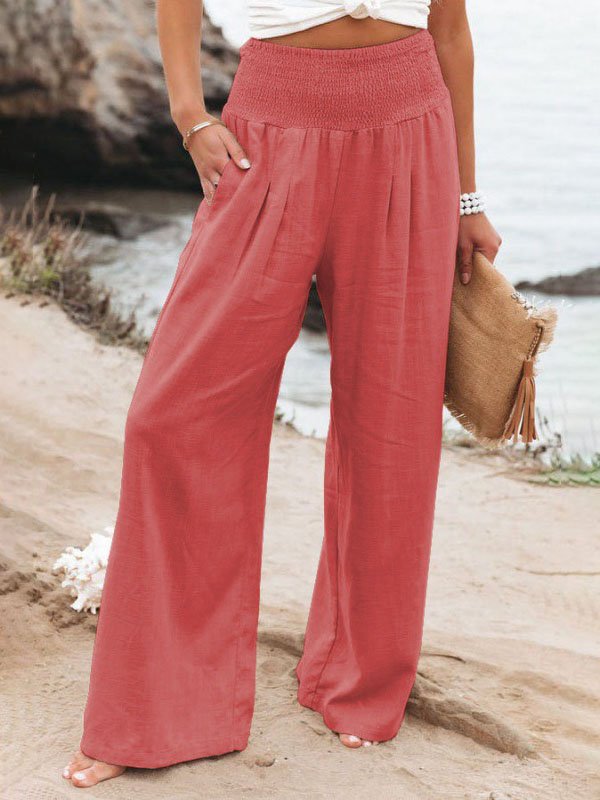 Cotton Casual Plain Scramble Wide Leg Pants With Elastic Band