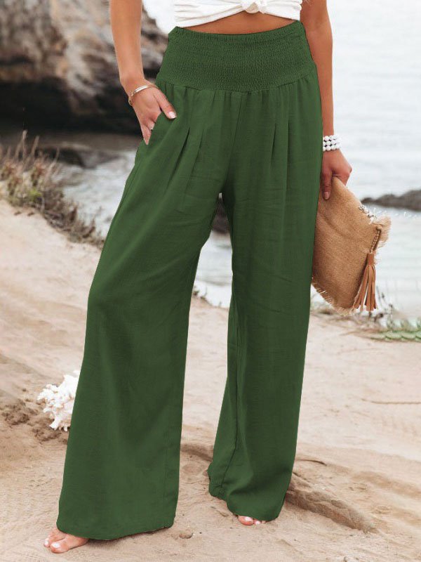 Cotton Casual Plain Scramble Wide Leg Pants With Elastic Band