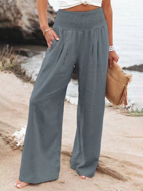 Cotton Casual Plain Scramble Wide Leg Pants With Elastic Band